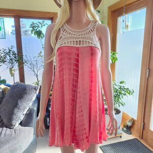 Mittoshop Coral with Cream Crochet Accent Mini Dress L